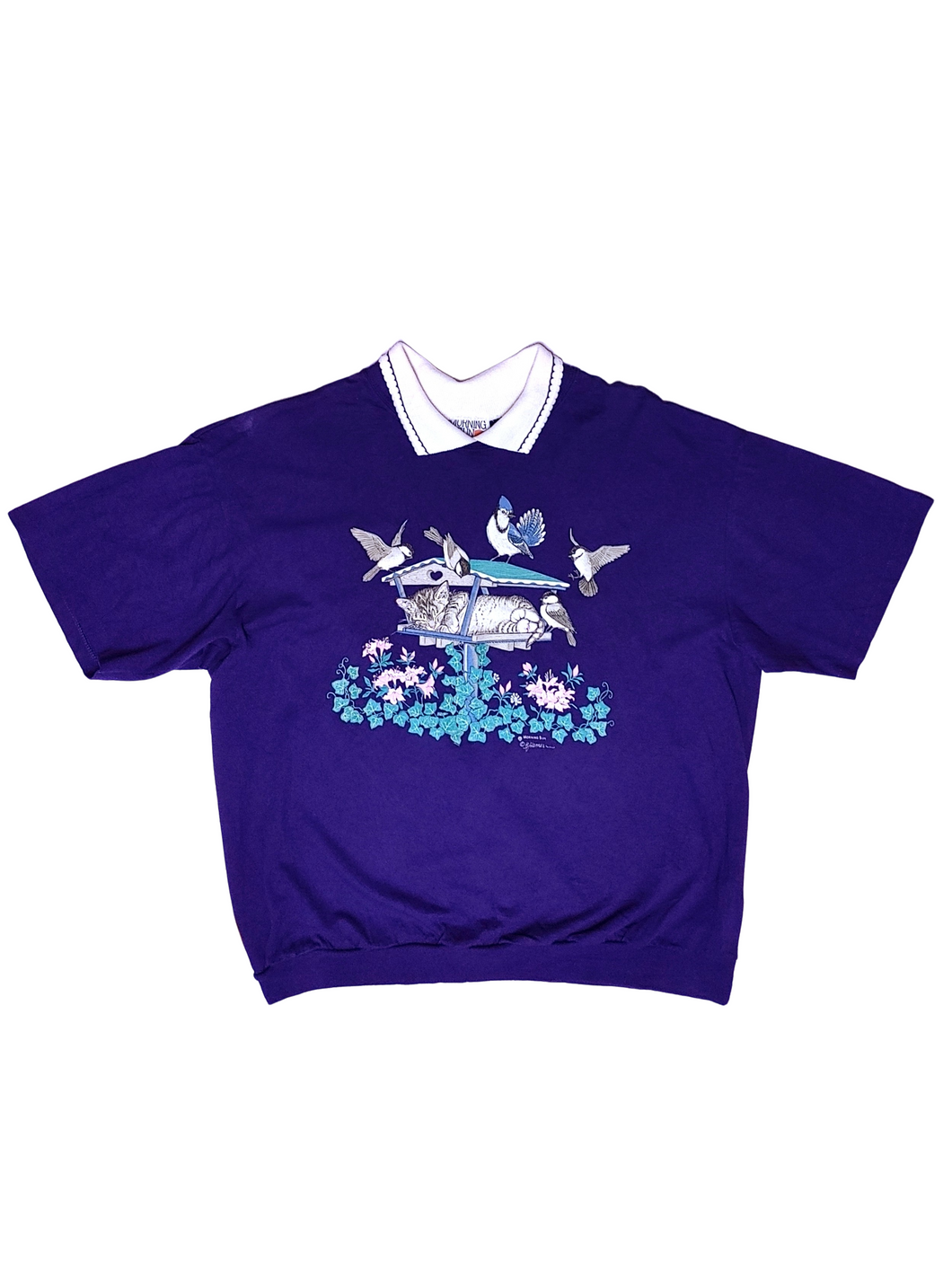 80s Cutie Birds and Kitty T-Shirt with Collar - Size XL