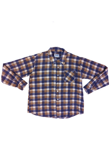 70s "Permanent Press" Blue and Brown Flannel Shirt - Size L